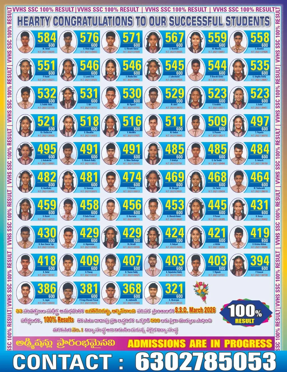 VVHS 2025–26 SSC results board — successful students with their marks