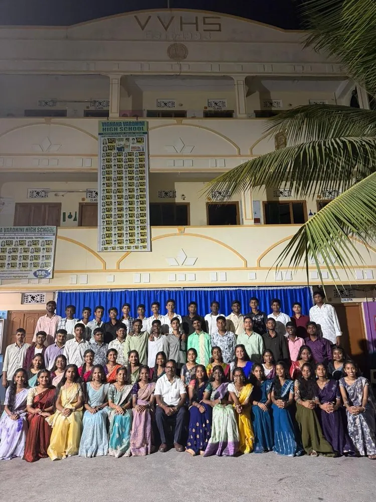 Students gathered in front of the school